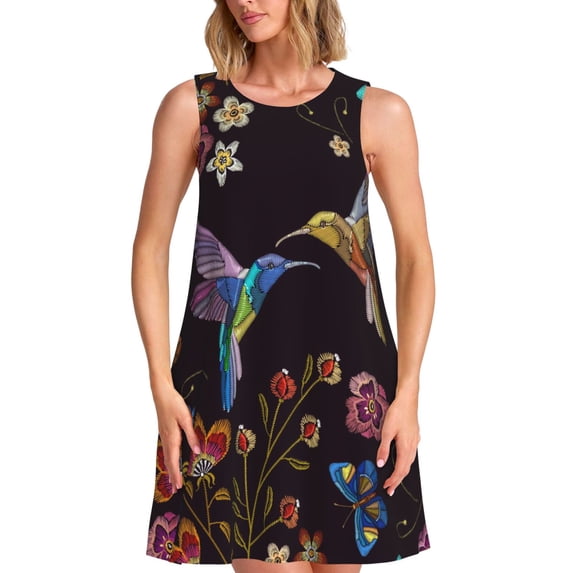 Vsdgher Humming Bird Print Summer Dresses for Women Casual U Neck Beach Dress Sleeveless Tank Loose Sundress with Pocket -X-Large