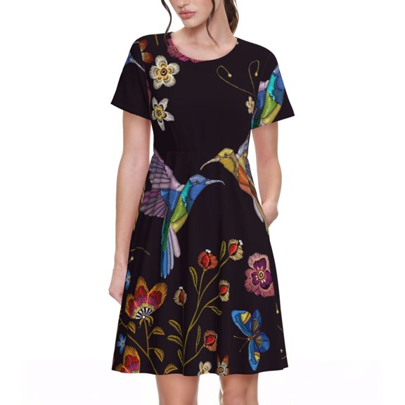 Vsdgher Humming Bird for Womens Summer 2025 Casual Midi Maxi Dresses Lightweight Short Sleeve Round Neck Beach Dress -Large