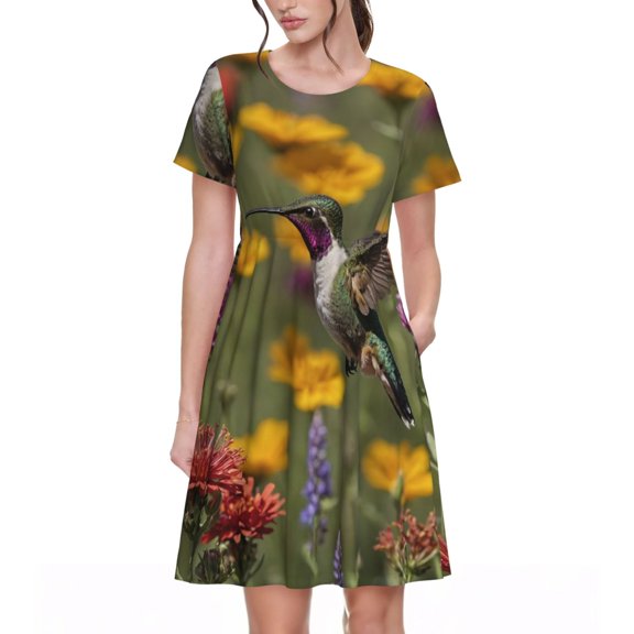 Vsdgher Humming Bird for Womens Summer 2025 Casual Midi Maxi Dresses Lightweight Short Sleeve Round Neck Beach Dress -X-Large