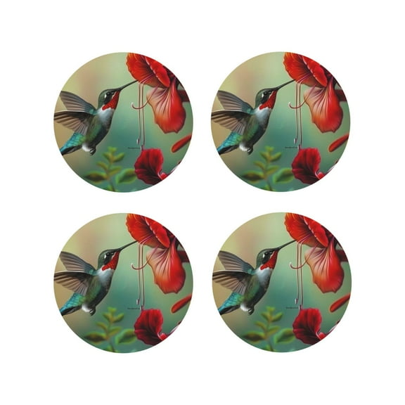 Vsdgher Hummingbird Floral Paradise Leather Coasters for Drinks, Durable Drink Coasters 4 Set for Tabletop Protection, Luxurious Home Décor and Housewarming Gift-Round Shape