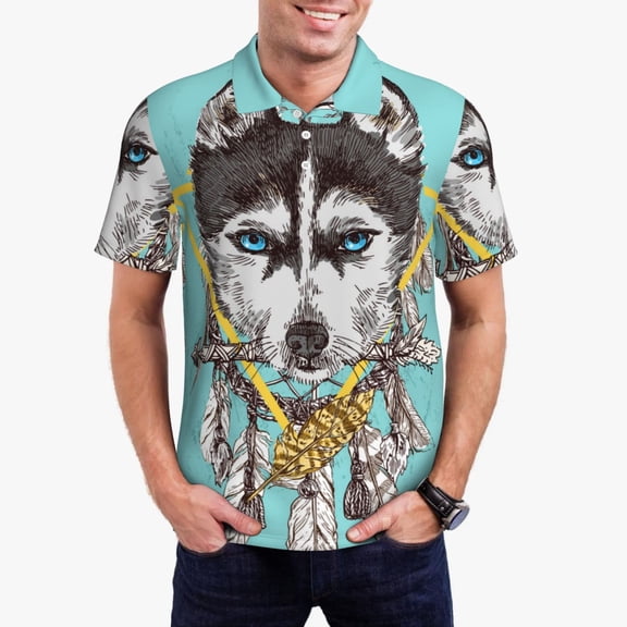 Vsdgher Husky With Dreamcatcher Polo Shirts for Men, Men's Short Sleeve Stretch Polo Shirt, Shirts for Men-Large