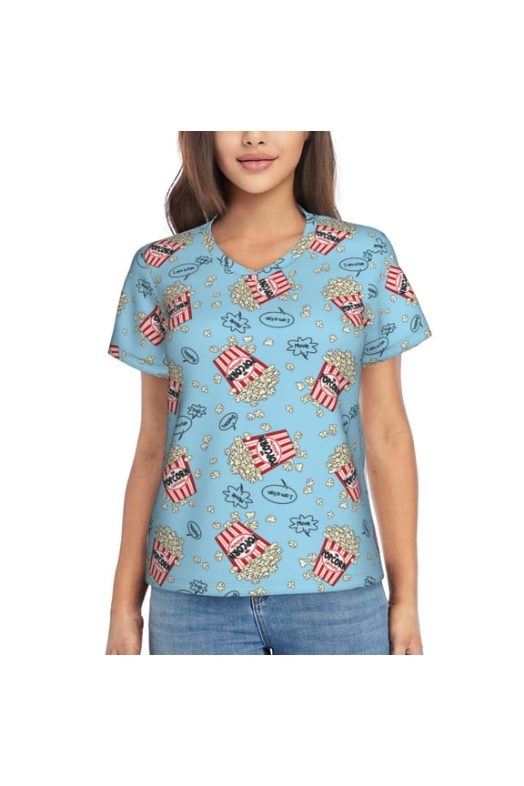 I Am A Fan Popcorn Women Shirts V Neck Short Sleeve Tops T-Shirt Basic Tees, S to 3XL3X-Large