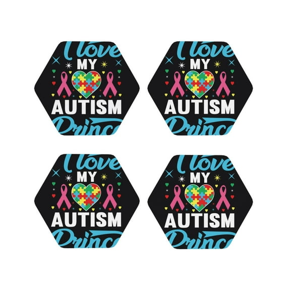 Vsdgher I Love My Autism Leather Coasters for Drinks, Durable Drink Coasters 4 Set for Tabletop Protection, Luxurious Home Décor and Housewarming Gift-Hexagon