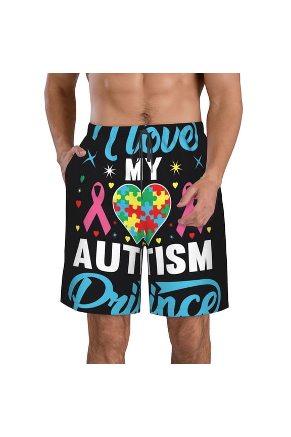 I Love My Autism Men's Beach Shorts, Surfing shorts, Swim trunks, Quick Dry Swim Trunks for Surfing Beach Fun -Large