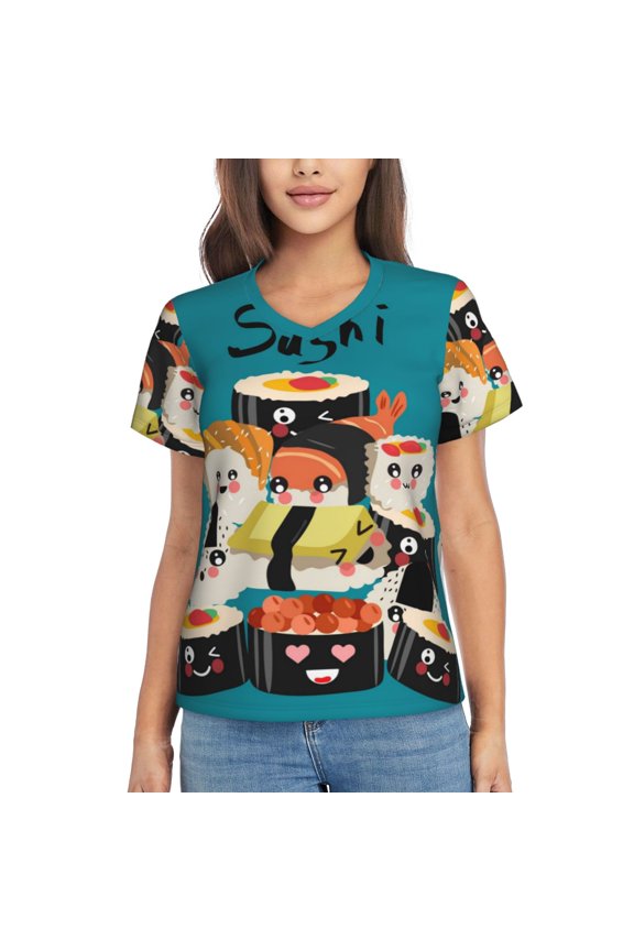 I Love Sushi Women Shirts V Neck Short Sleeve Tops T-Shirt Basic Tees, S to 3XLSmall