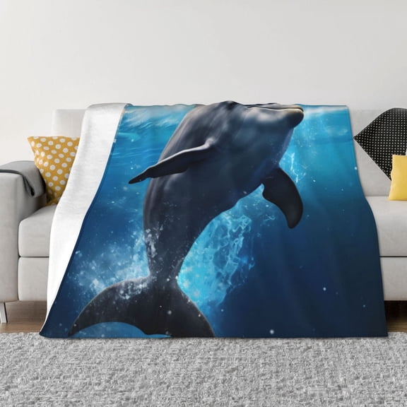 Vsdgher Ice Blue Ocean Cute Dolphin Pattern Fleece Throw Blanket, Horizontal Fleece Bedding Home Decor for Couch & Bed All Season Use -60"x50"