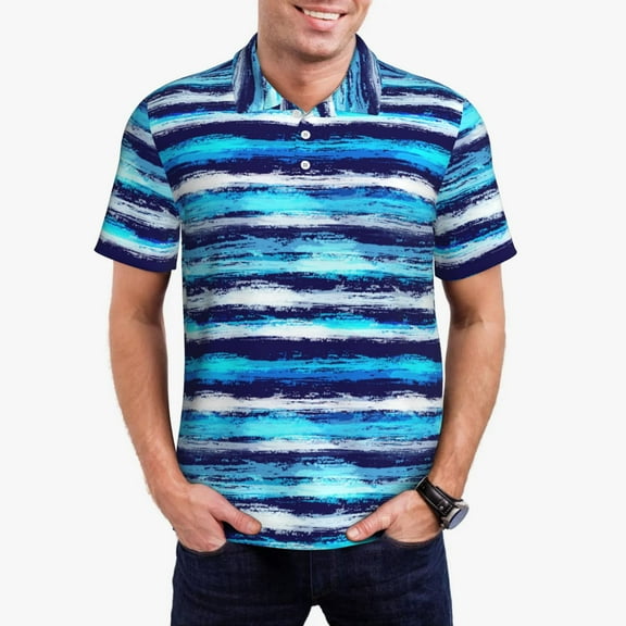 Vsdgher Ice Blue Stripes Polo Shirts for Men, Men's Short Sleeve Stretch Polo Shirt, Shirts for Men-Small