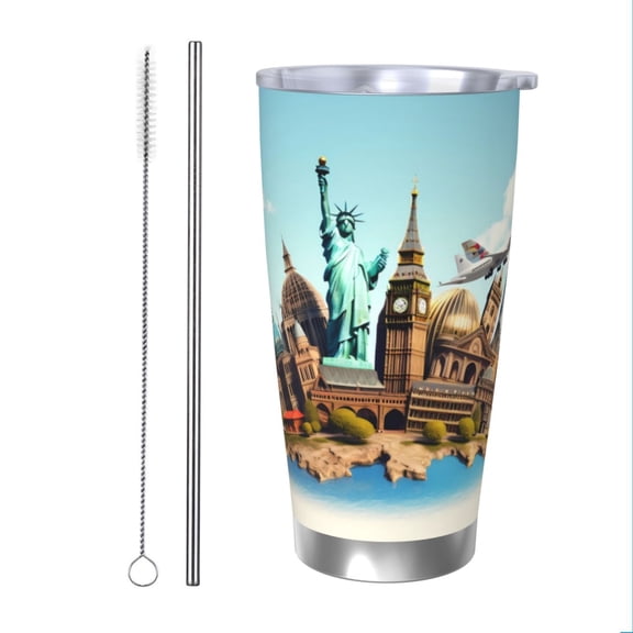 Vsdgher Iconic Global Landmarks 20 Oz Stainless Steel Vacuum Insulated, Travel Mug Coffee Cup for Home, Office, Outdoor Works Great for Ice Drinks and Hot Beverage -Straw Two-piece Set