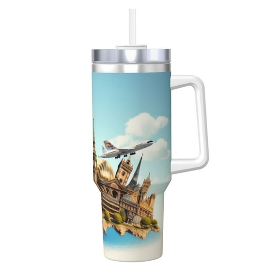 Vsdgher Iconic Global Landmarks Pattern 40 oz Tumbler with Handle and Straw Lid | Insulated Cup Reusable Stainless Steel Water Bottle Travel Mug | Gifts for Women Men Him Her