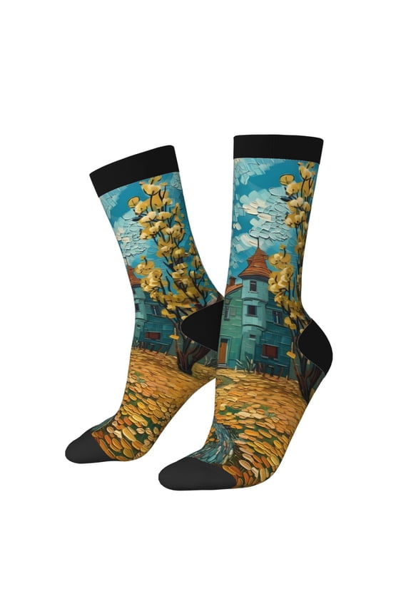 Impressionist Village Sky Crew Socks for Men & Women, Breathable Casual Athletic Ankle Socks