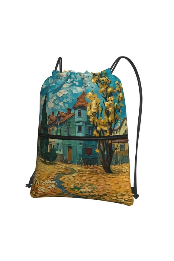Impressionist Village Sky Drawstring Backpack Water Resistant String Bag Sports Sackpack Gym Sack for Men Women