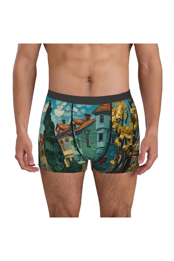 Impressionist Village Sky Pattern Men's Boxer Brief Underwear,Soft Funny Underwear for Men-Small