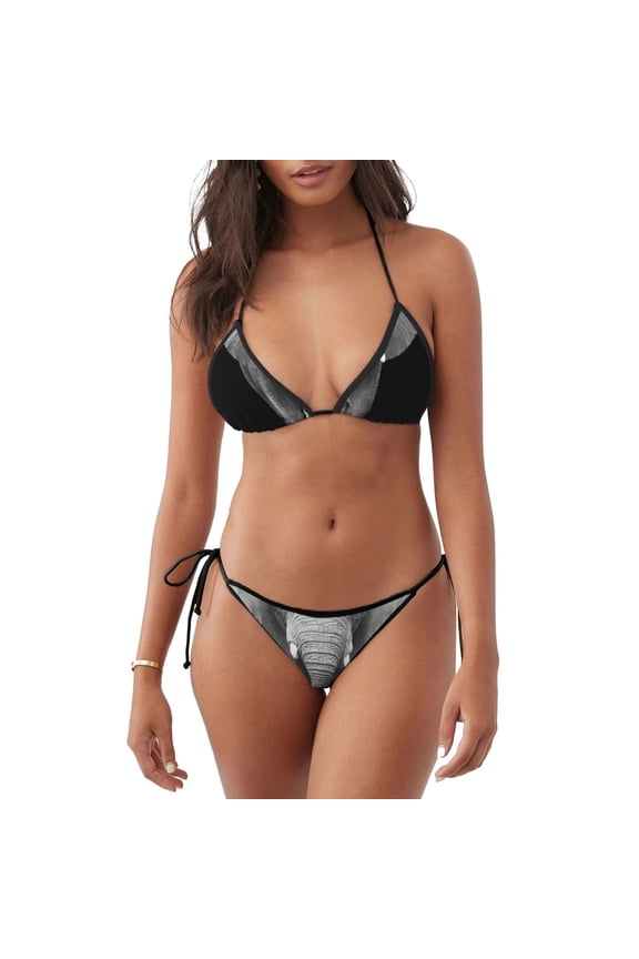 Indian Elephant Pattern Sexy Bikini Set for Women,Two Piece Swimsuit V Neck Swimwear Halter Tie Bathing Suit Self Tie Spaghetti Straps -Small