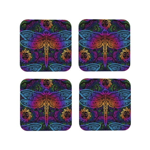 Vsdgher Indian Mandalas Dragonfly Leather Coasters for Drinks, Durable Drink Coasters 4 Set for Tabletop Protection, Luxurious Home Décor and Housewarming Gift ( {designName})Square