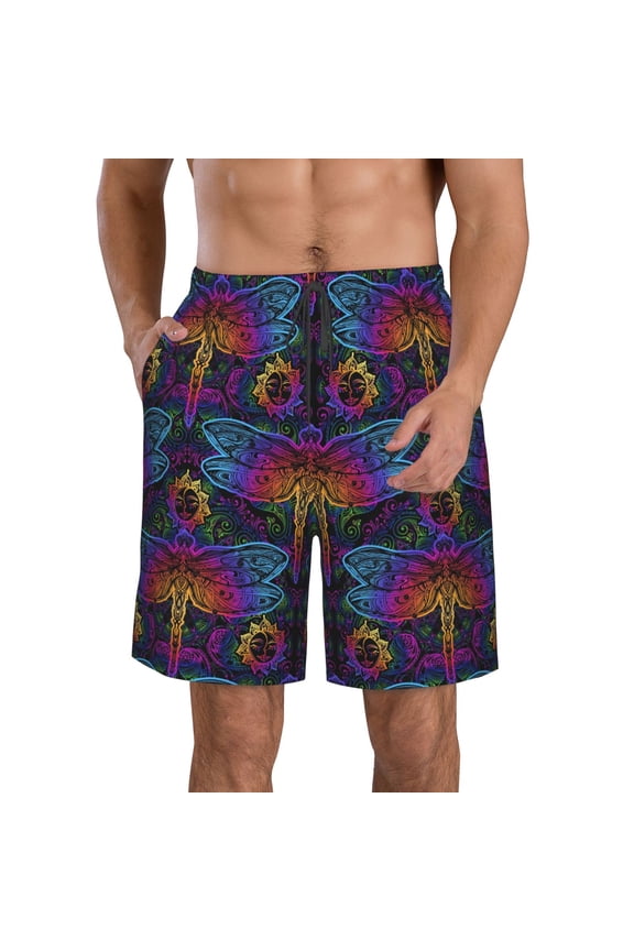 Indian Mandalas Dragonfly Men's Beach Shorts, Surfing shorts, Swim trunks, Quick Dry Swim Trunks for Surfing Beach Fun -Small