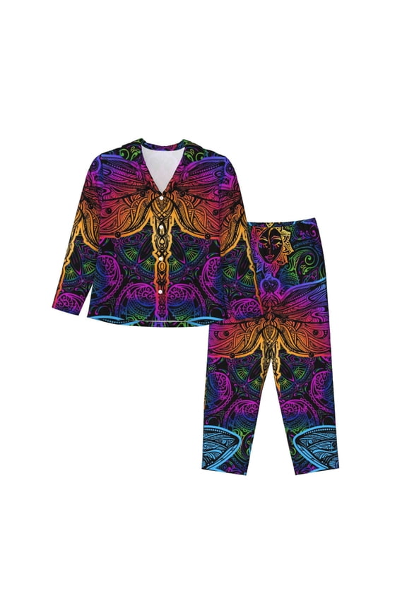 Indian Mandalas Dragonfly Pajamas Set Long Sleeve Sleepwear Womens Button Down Nightwear Pj Sets-Small