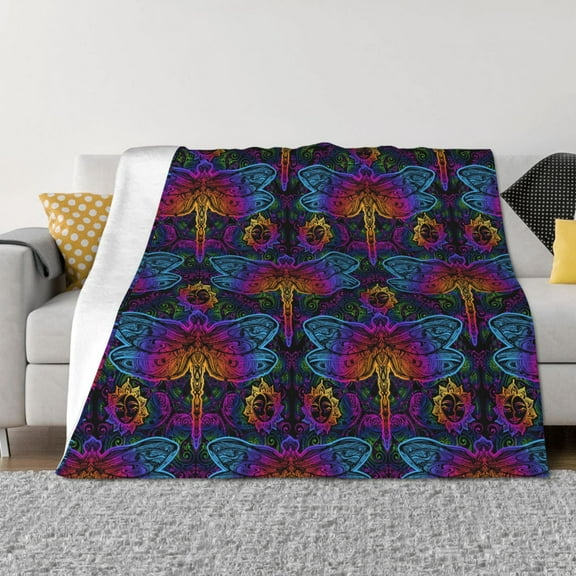 Vsdgher Indian Mandalas Dragonfly Pattern Fleece Throw Blanket, Horizontal Fleece Bedding Home Decor for Couch & Bed All Season Use -40"x30"
