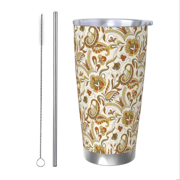 Vsdgher Indian Paisley 20 Oz Stainless Steel Vacuum Insulated, Travel Mug Coffee Cup for Home, Office, Outdoor Works Great for Ice Drinks and Hot Beverage -Straw Two-piece Set