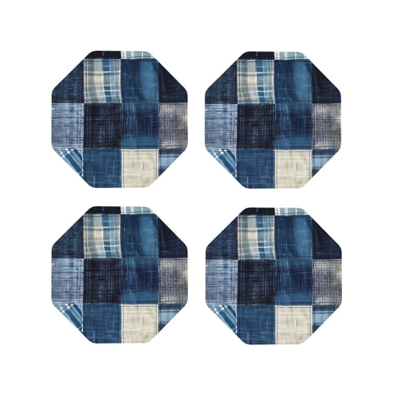 Vsdgher Indigo Patchwork Quilt Leather Coasters for Drinks, Durable Drink Coasters 4 Set for Tabletop Protection, Luxurious Home Décor and Housewarming Gift-Octagon