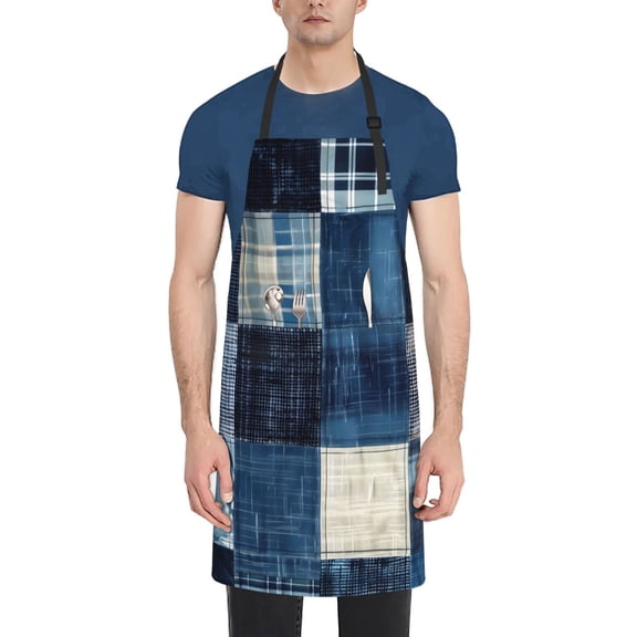 Vsdgher Indigo Patchwork Quilt Waterproof Apron with 2 Pockets Kitchen Chef Aprons Bibs for Grooming Cooking Baking Painting Gardening