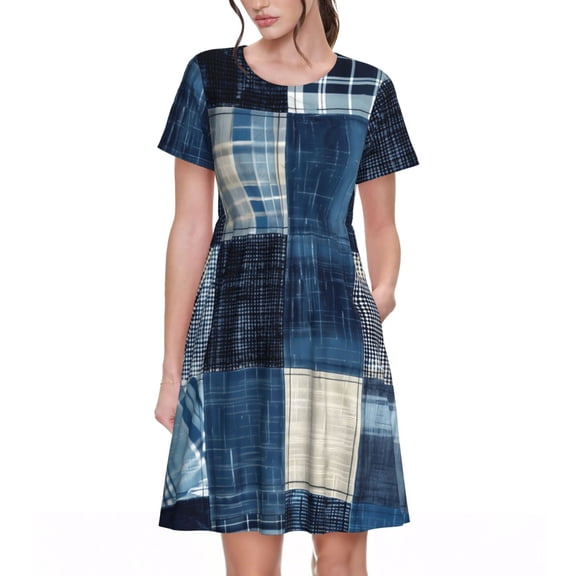 Vsdgher Indigo Patchwork Quilt for Womens Summer 2025 Casual Midi Maxi Dresses Lightweight Short Sleeve Round Neck Beach Dress -X-Large