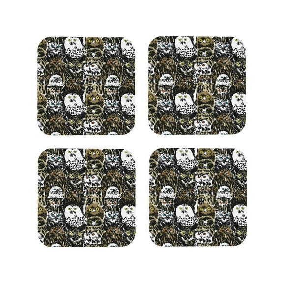 Vsdgher Ink Graffiti Owl Leather Coasters for Drinks, Durable Drink Coasters 4 Set for Tabletop Protection, Luxurious Home Décor and Housewarming Gift ( {designName})Square