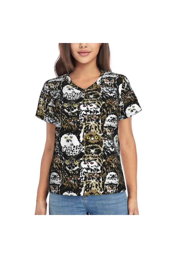 Ink Graffiti Owl Women Shirts V Neck Short Sleeve Tops T-Shirt Basic Tees, S to 3XLSmall