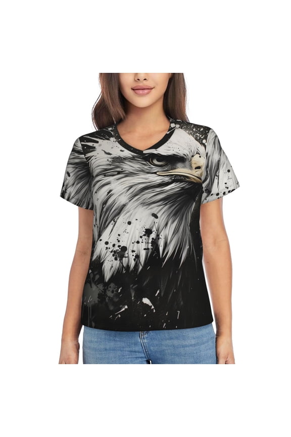 Ink Style Bald Eagle Women Shirts V Neck Short Sleeve Tops T-Shirt Basic Tees, S to 3XL3X-Large