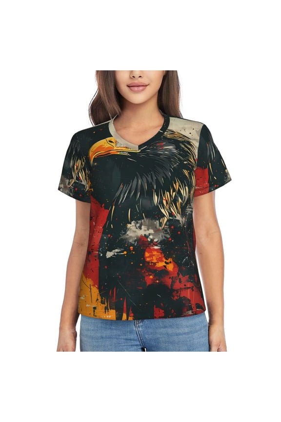 Ink Style Bald Eagle Women Shirts V Neck Short Sleeve Tops T-Shirt Basic Tees, S to 3XLMedium