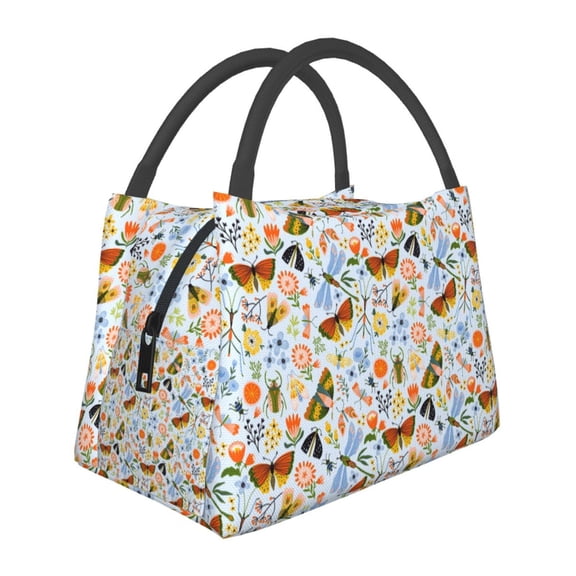 Vsdgher Insects and Flowers Print Insulated Reusable Bags with Sturdy Zipper and Handles, Foldable Totes for Hot or Cold Food Bring or Delivery