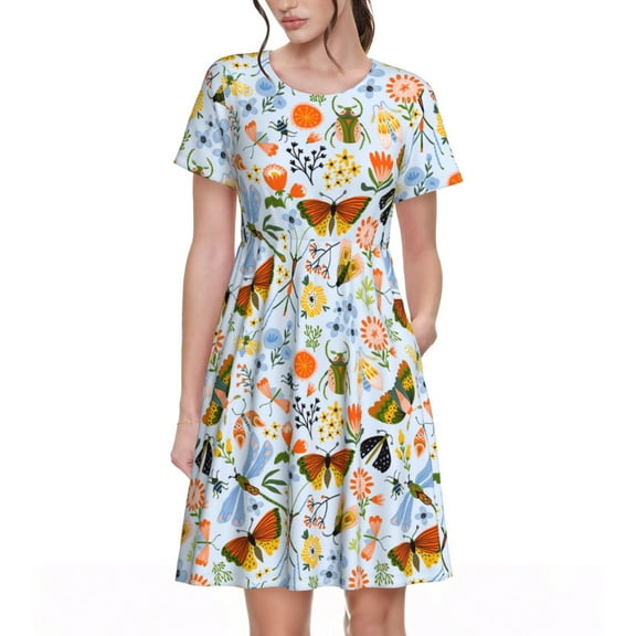 Vsdgher Insects and Flowers for Womens Summer 2025 Casual Midi Maxi Dresses Lightweight Short Sleeve Round Neck Beach Dress -3X-Large