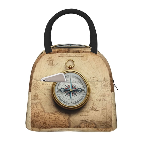 Vsdgher Insulated Lunch Bag Simple Bento Cooler Bag Lunch Tote Bag , Suitable for picnics, school, work (Magnetic Old Compass On World Map Print )