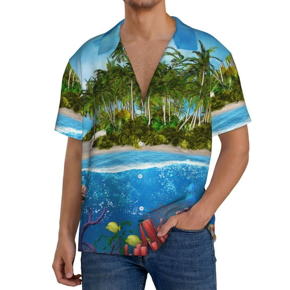 Vsdgher Island And Coral Reef Men's Cuban Shirt, Hawaiian Shirts, Business Casual Button Down Shirts, Short Sleeve Shirt-Large