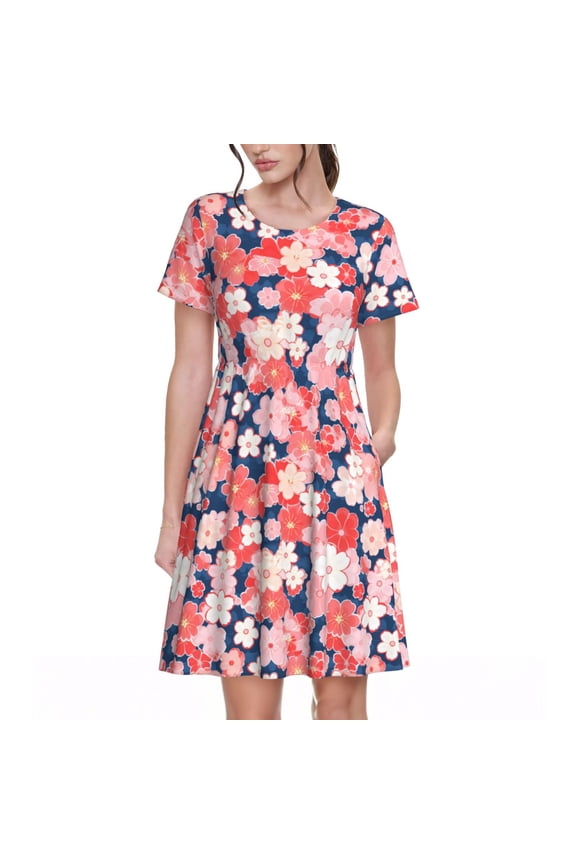 Japanese Cherry Blossoms for Womens Summer 2025 Casual Midi Maxi Dresses Lightweight Short Sleeve Round Neck Beach Dress -3X-Large