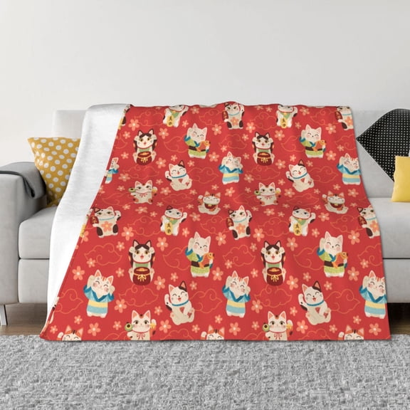 Vsdgher Japanese Maneki Cats Pattern Fleece Throw Blanket, Horizontal Fleece Bedding Home Decor for Couch & Bed All Season Use -60"x50"