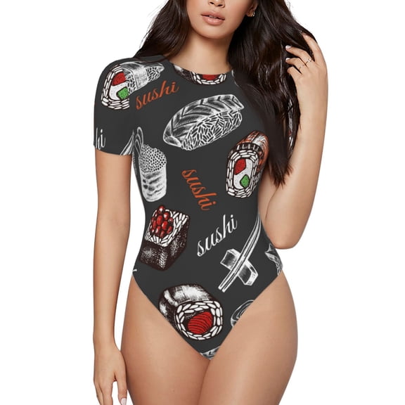 Vsdgher Japanese Sushi Hashi Prinr Short Sleeve Body suit for Womens, Sexy Onesie One Piece Round Neck Bodysuit Shapewear Tummy Control-Medium
