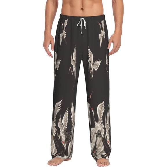 Vsdgher Japanese White Cranes Print Mens Pajama Pants Sleep & Lounge Pants, PJ Bottoms With elastic waistb and Pockets