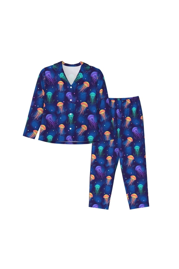 Jellyfish colorful Pajamas Set Long Sleeve Sleepwear Womens Button Down Nightwear Pj Sets-Small
