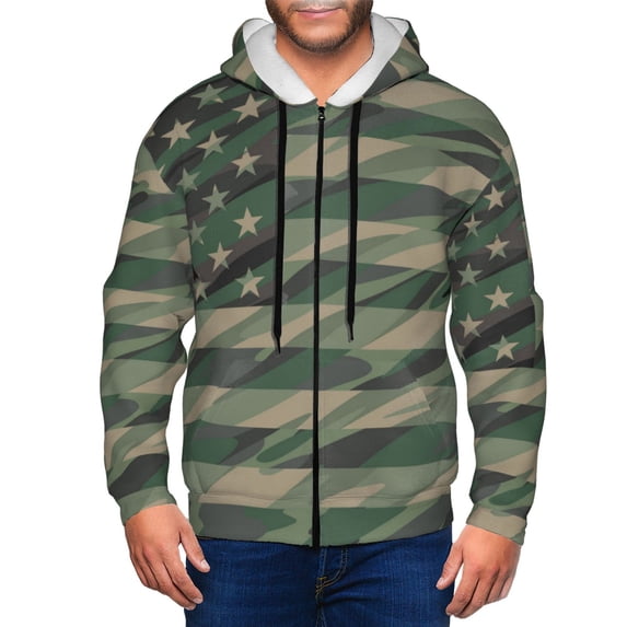 Vsdgher Jungle Green Camo USA Flag Mens Hoodies Zip Hoodie, Hoodies for Men, Zip-up Hooded Sweatshirt-X-Large