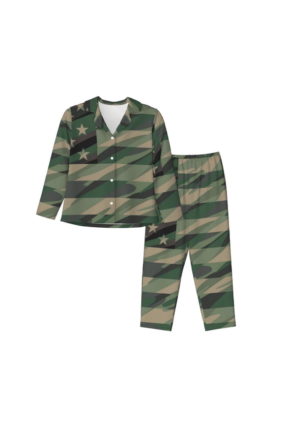 Jungle Green Camo USA Flag Pajamas Set Long Sleeve Sleepwear Womens Button Down Nightwear Pj Sets-Medium