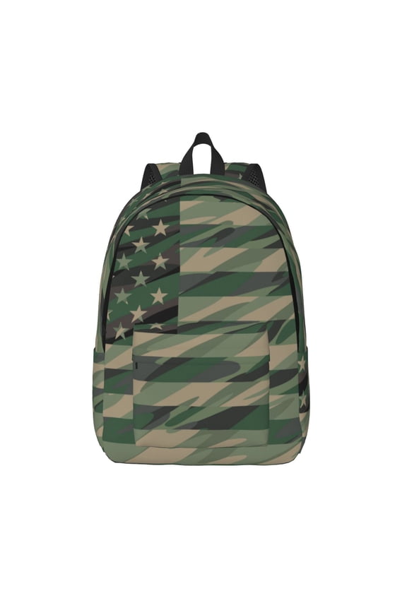 Jungle Green Camo USA Flag Print Canvas Backpack Travel Rucksack Unisex Knapsack 15.7/17.7Inch Laptop Backpack for Work,College -Small