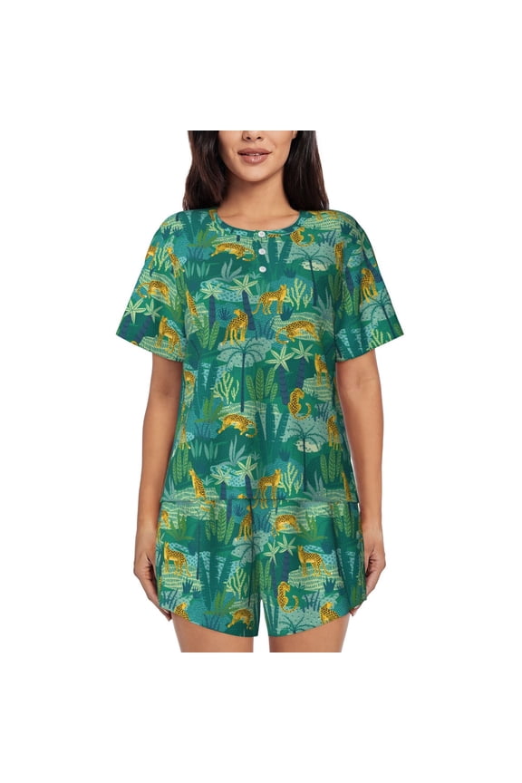 Jungle Leopard Pattern Womens Pajamas 2 Piece Short Sleeve Sleepwear Set,Summer Soft Pajamas Set Casual Lounge Sets, 2-Piece Pj -Medium