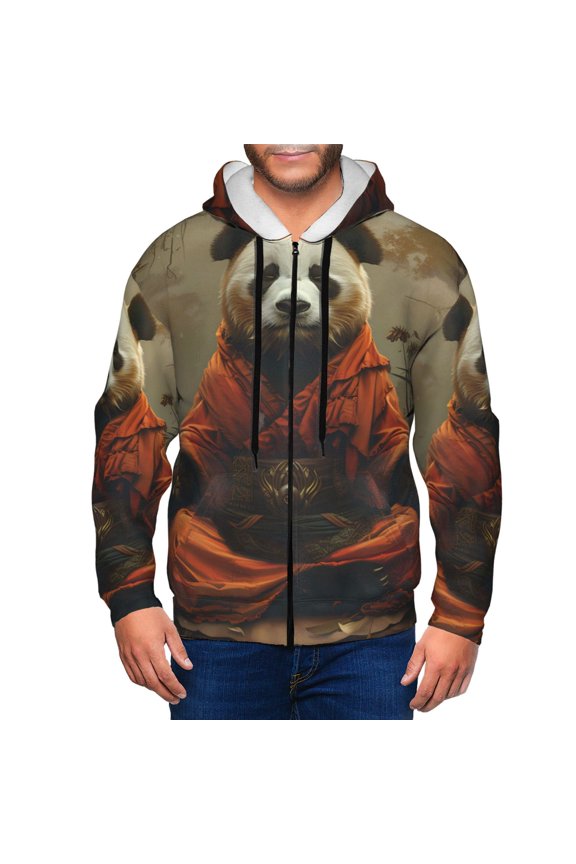 Jungle Meditating Panda Mens Hoodies Zip Hoodie, Hoodies for Men, Zip-up Hooded Sweatshirt-