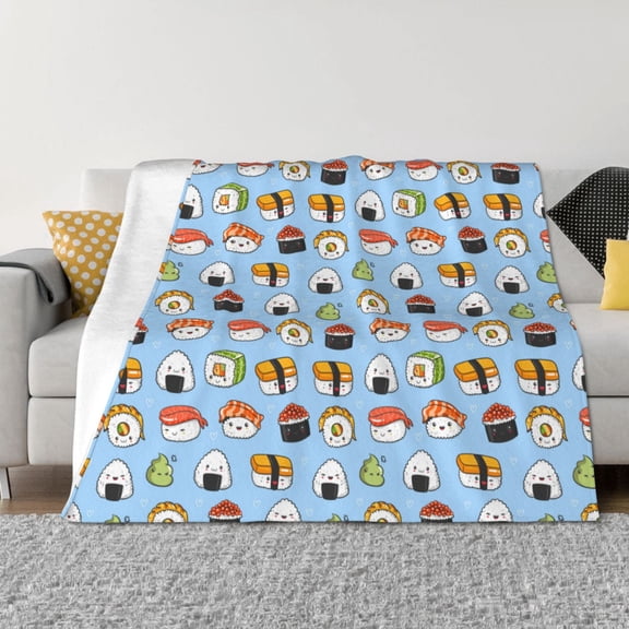 Vsdgher Kawaii Sushi (2) Pattern Fleece Throw Blanket, Horizontal Fleece Bedding Home Decor for Couch & Bed All Season Use -80"x60"