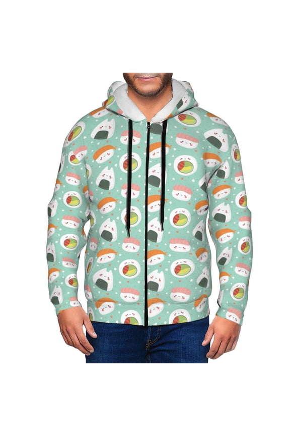 Kawaii Sushi Mens Hoodies Zip Hoodie, Hoodies for Men, Zip-up Hooded Sweatshirt-Large