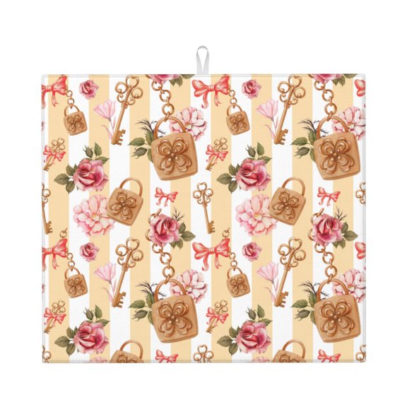 Vsdgher Key Lock And Flowers Print Dish Drying Mat, Kitchen Counter Mat, Dish Drying Pad for Dishes, Utensils, Pots and Pans,16" x 18"