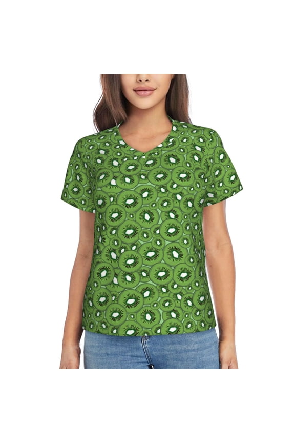 Kiwi Fruit Women Shirts V Neck Short Sleeve Tops T-Shirt Basic Tees, S to 3XLX-Large