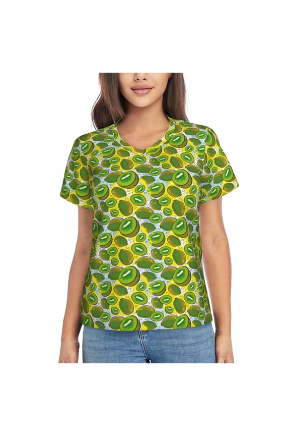 Kiwi Fruits Summer Women Shirts V Neck Short Sleeve Tops T-Shirt Basic Tees, S to 3XLSmall