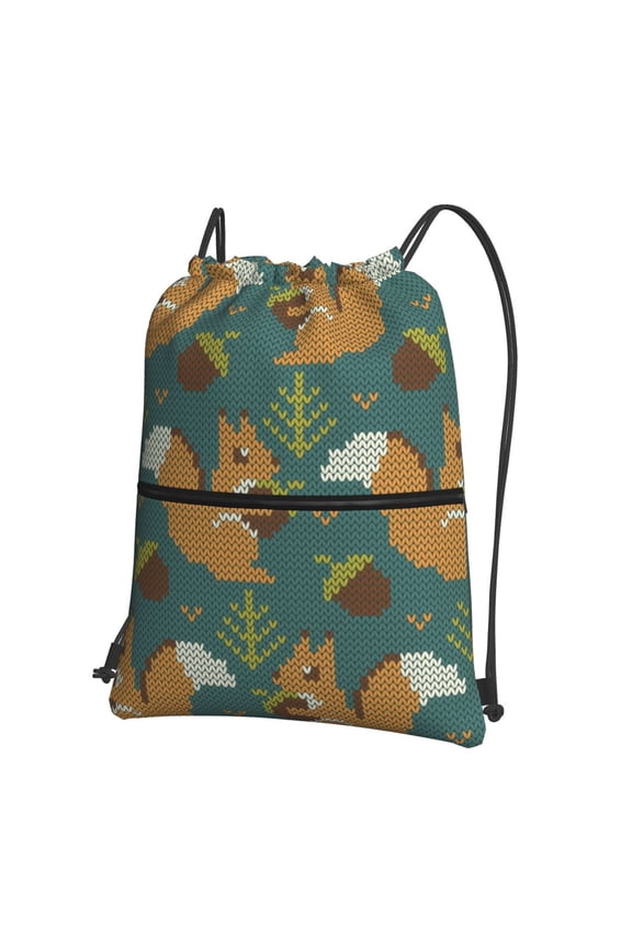 Knitted Woodland Squirrel Drawstring Backpack Water Resistant String Bag Sports Sackpack Gym Sack for Men Women