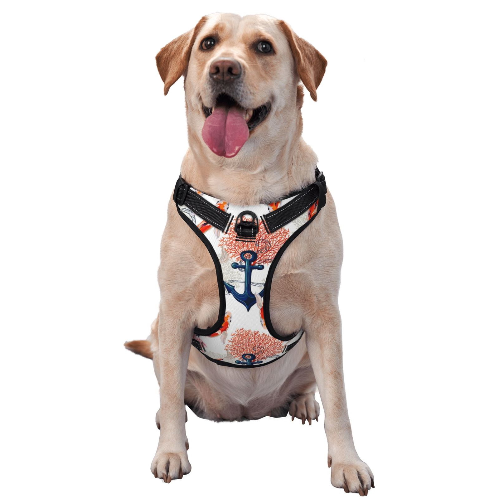 Vsdgher Koi Fish And Corals Pattern Dog Harness,No Pull Pet Harness with Soft Padded Handle,Adjustable Reflective Vest with 2 Buckles,4 Slide Buckles,S-XL Medium